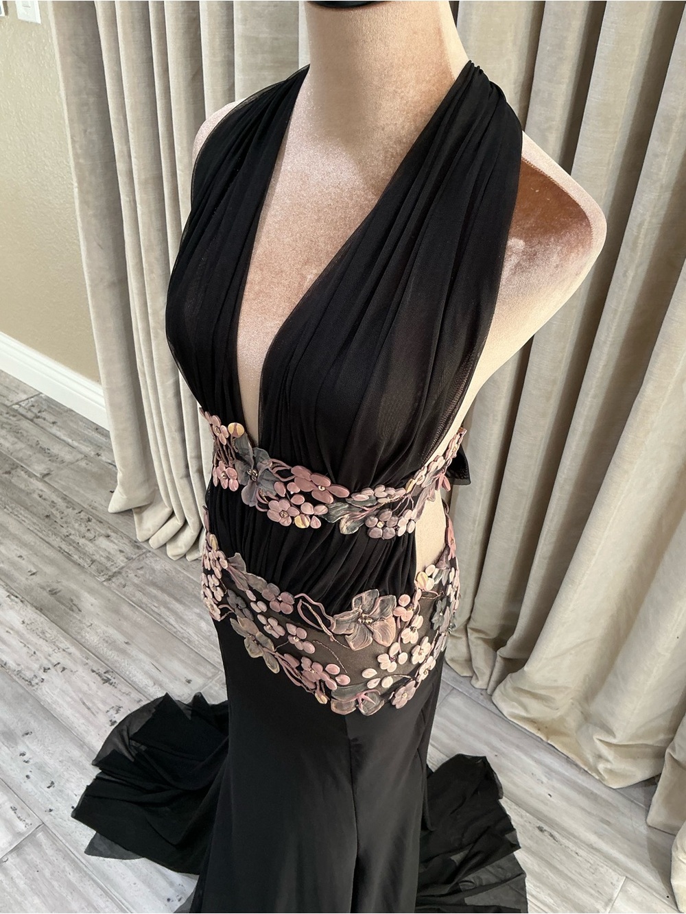 Black Halter Evening Gown with Pink Floral Embroidery - Picture 5 of 15